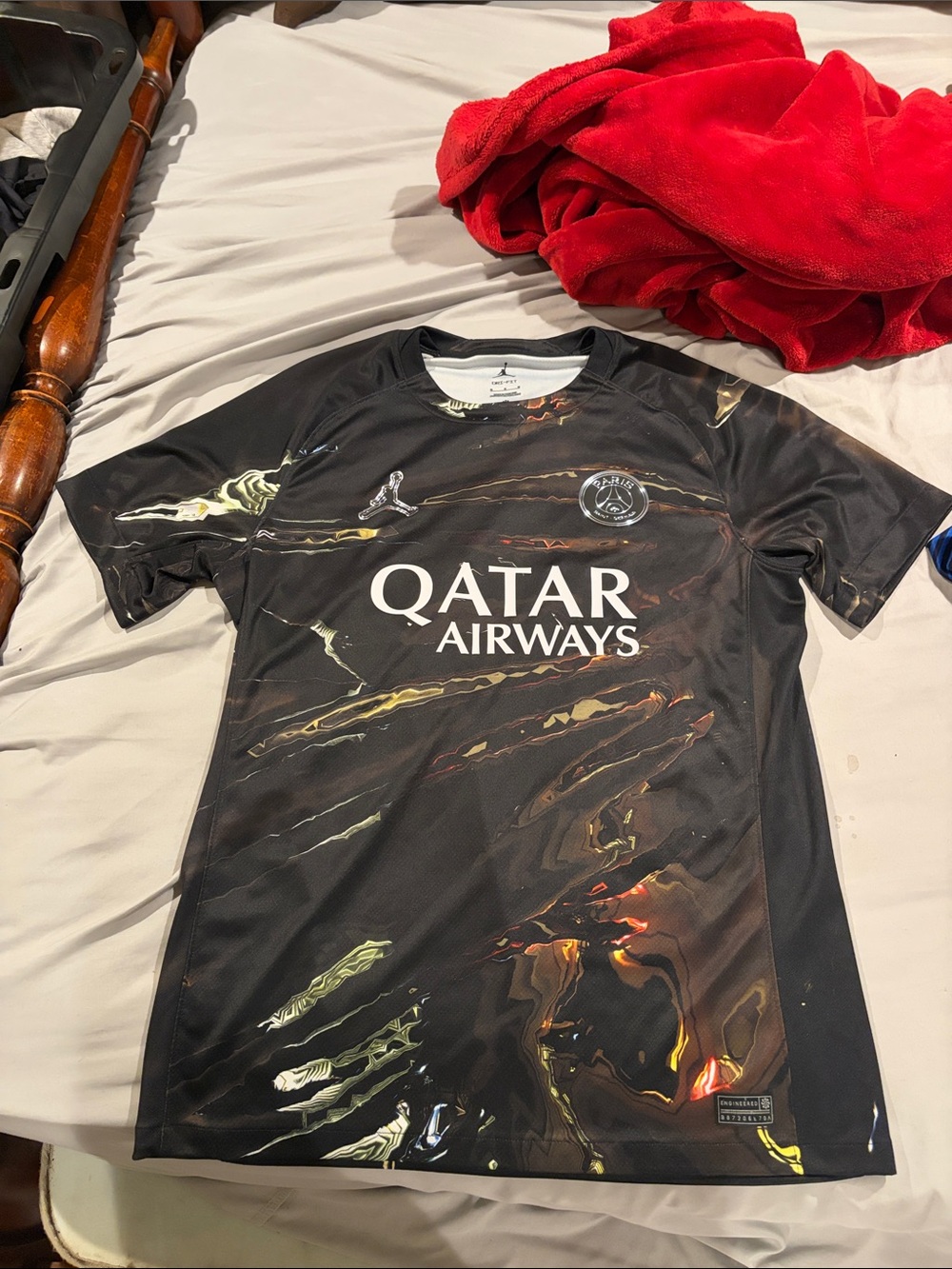 Jordan Black PSG Qatar Airways Men's Football Jersey with Gold Accent